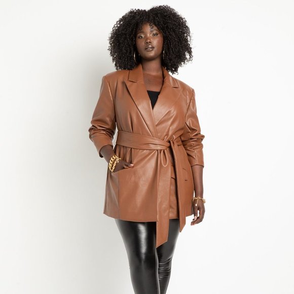ELOQUII Avery Belted Faux Leather Blazer Coat Jacket Tan Camel Cognac Brown - Picture 1 of 3